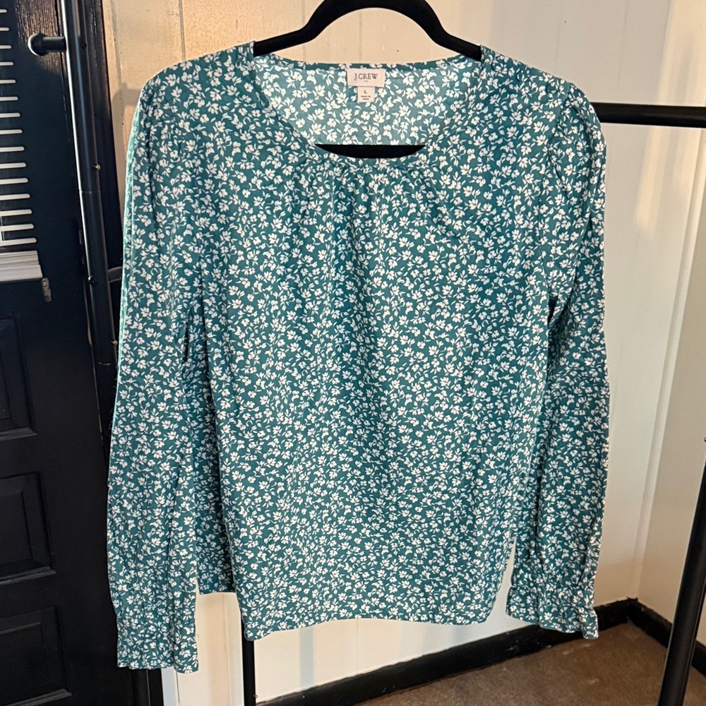 J. Crew Teal Floral-Print Long Sleeve Top size L